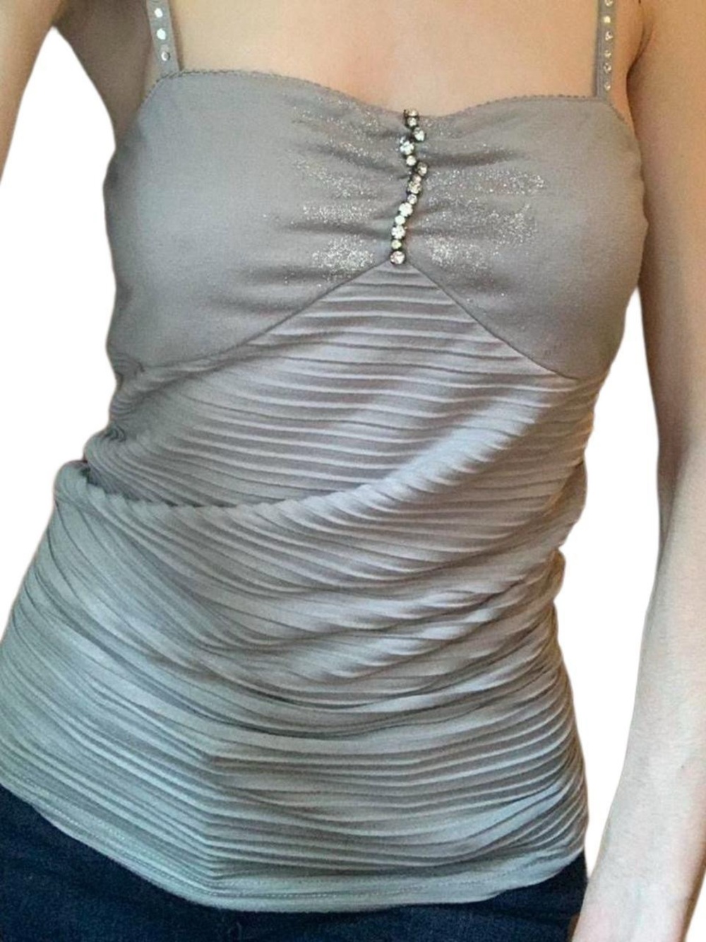 Vintage Y2K Dress Up Metallic Silver Ruched Tank Top | McBling Sparkle Small